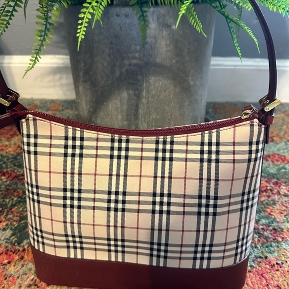 Burberry burgundy leather and house check shoulder bag with COA!